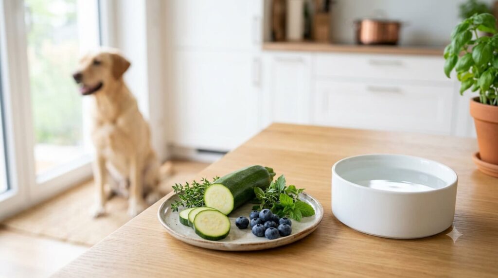 Hund sitzt neben einem Teller mit Gemüse und einem Wassernapf für eine gesunde Darmsanierung
