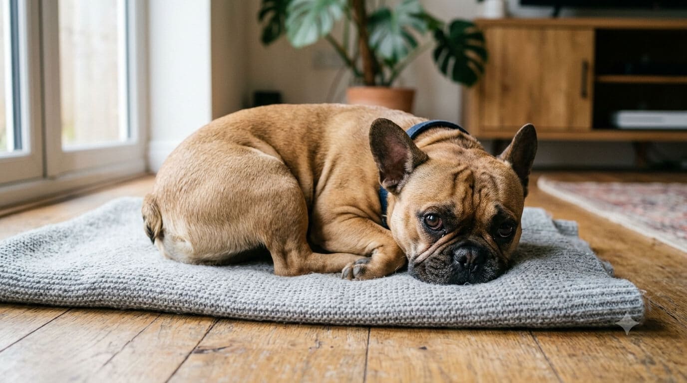 Französische Bulldogge liegt traurig auf einer Decke mit Bauchschmerzen und Blähungen durch Fehlernährung