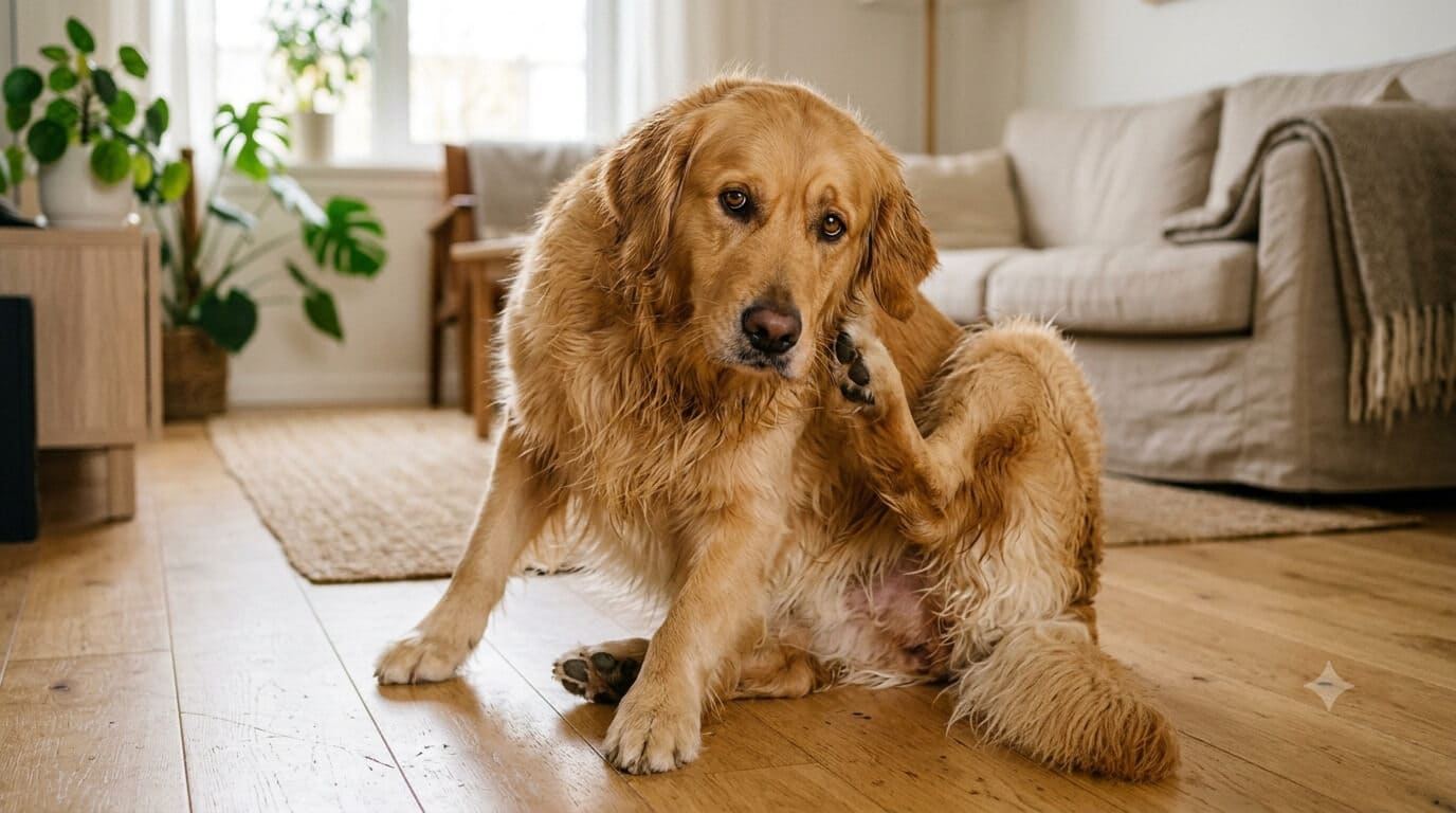 Hund sitzt auf dem Boden und kratzt sich angestrengt wegen Juckreiz durch Futterallergie