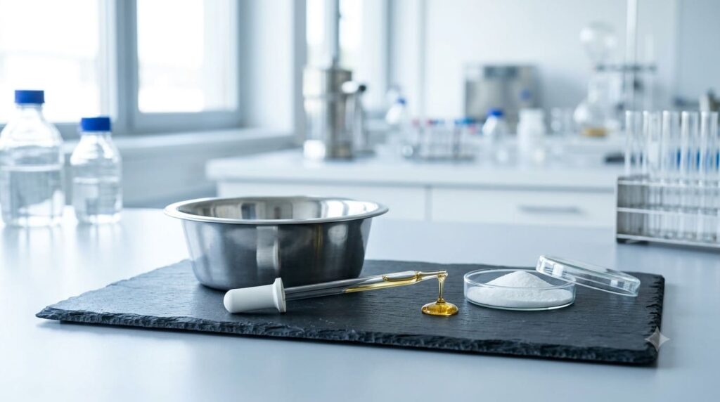 Futternapf neben einer Petrischale mit Zucker im Labor als Symbol für versteckten Zucker im Hundefutter