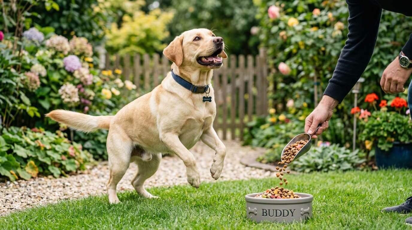 Hund hüpft freudig im Garten vor einem Napf mit gesundem Hundefutter