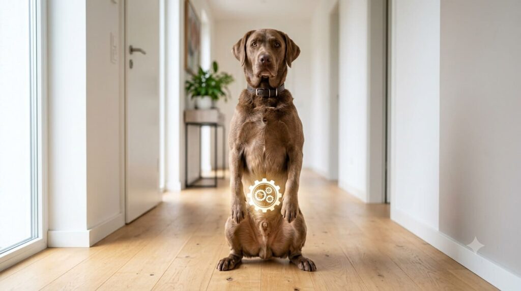 Hund steht auf den Hinterbeinen mit einem Zahnradsymbol auf dem Bauch für den Magen-Darm-Trakt