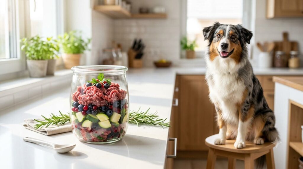 Hund sitzt vor einem Tisch mit frischem Gemüse und Fleisch in einem transparenten Glas nach dem PETinjo-Prinzip