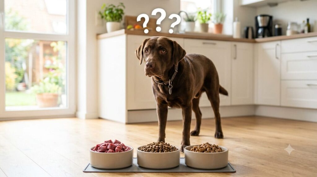 Hund blickt mit Fragezeichen auf drei Näpfe mit BARFEN Trockenfutter und Nassfutter im Vergleich