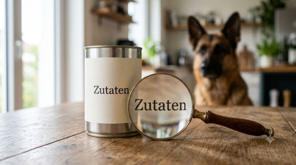 Hund sitzt vor einer Futterdose während eine Lupe die Tricks auf dem Futteretikett vergrößert