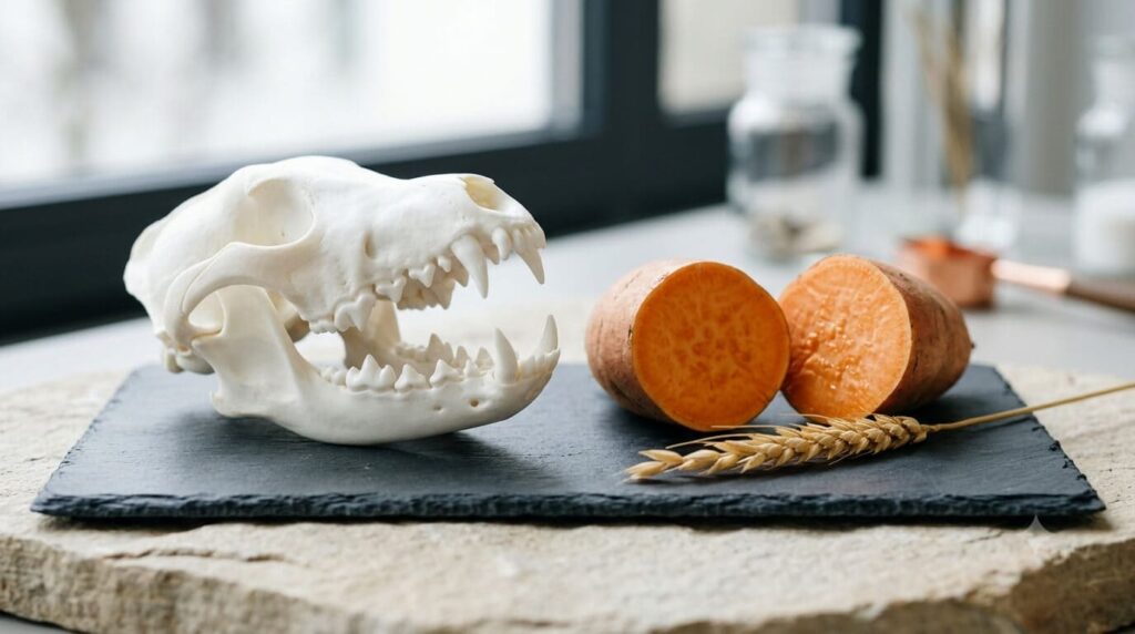 Hundeschädel neben Getreide und Süßkartoffeln veranschaulicht die Anatomie des fakultativen Karnivoren