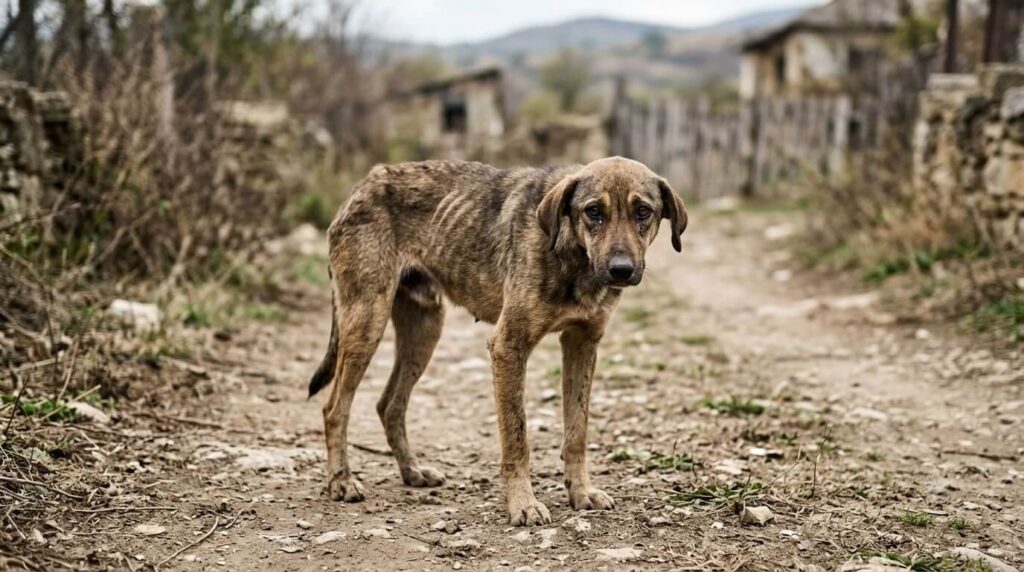 Schwacher dürrer Hund blickt ausgehungert wegen Nährstoffmangel durch schlechtes Futter in die Kamera