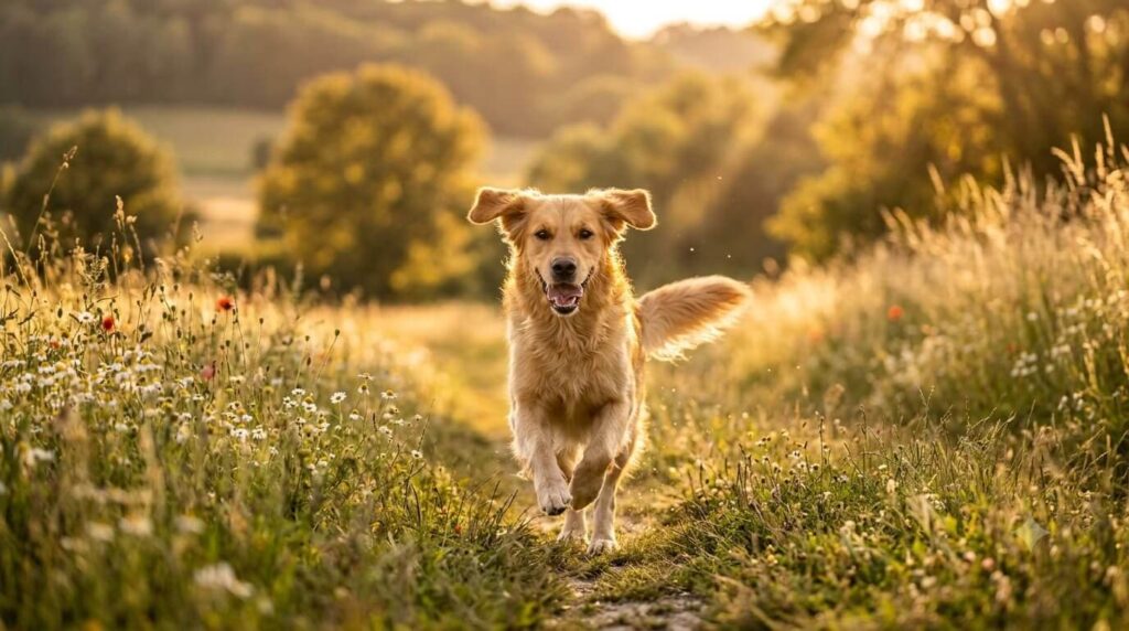 Glücklicher vitaler Hund rennt im Sonnenaufgang über eine Wiese als Ausweg aus dem Krankheits-Kreislauf