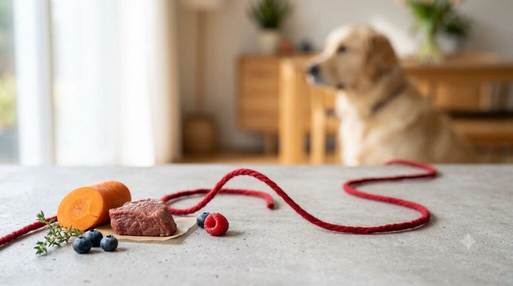 Ein roter Faden führt vom Hund zu frischem Fleisch und Gemüse gegen chronische Entzündungen