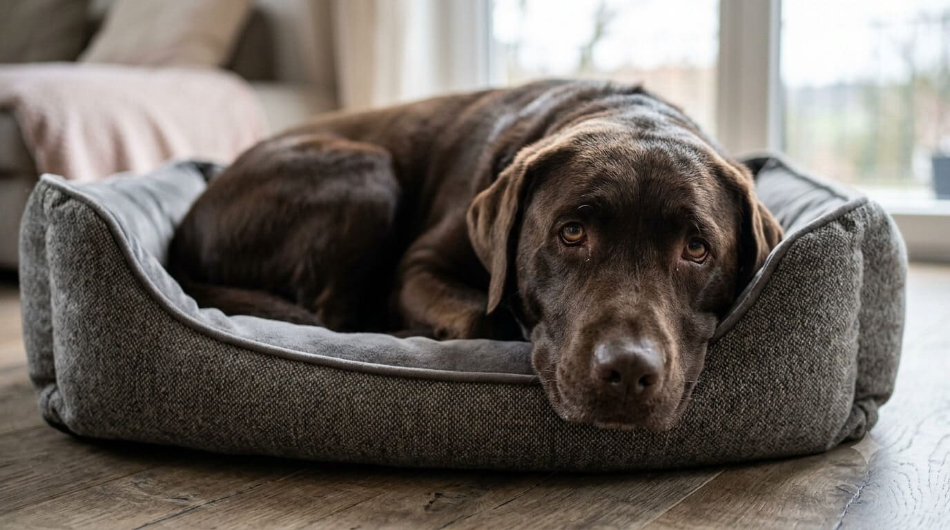 Kranker Hund liegt traurig im Hundebett im Ratgeber über Futter-Krankheiten