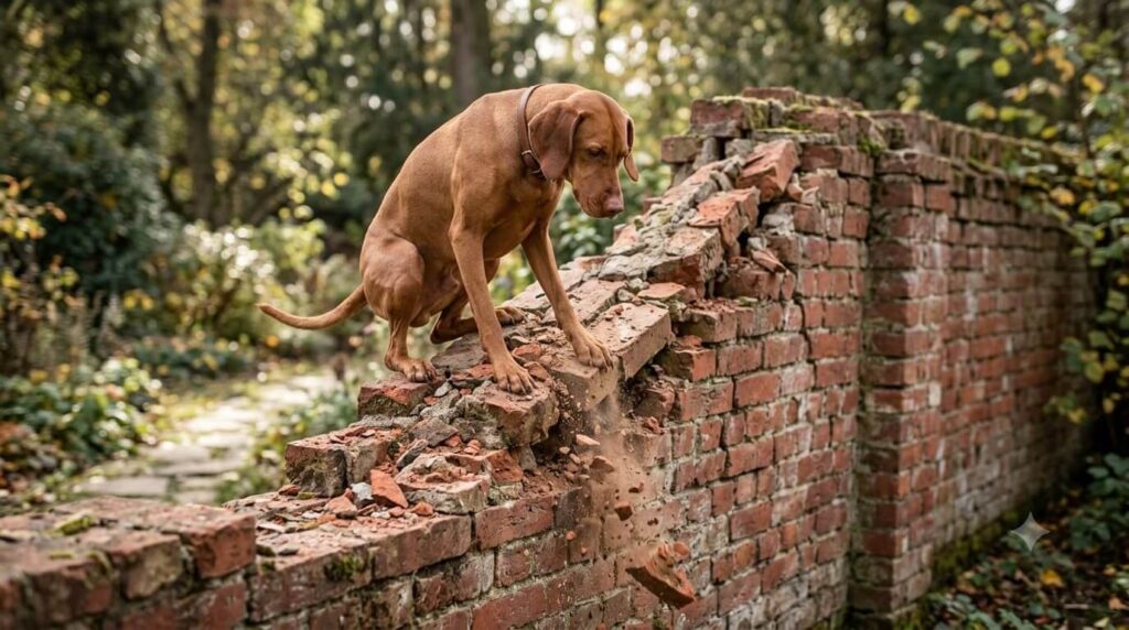 Ängstlicher Hund sitzt auf einer zerfallenden Mauer als Symbol für mangelnde Vitalität