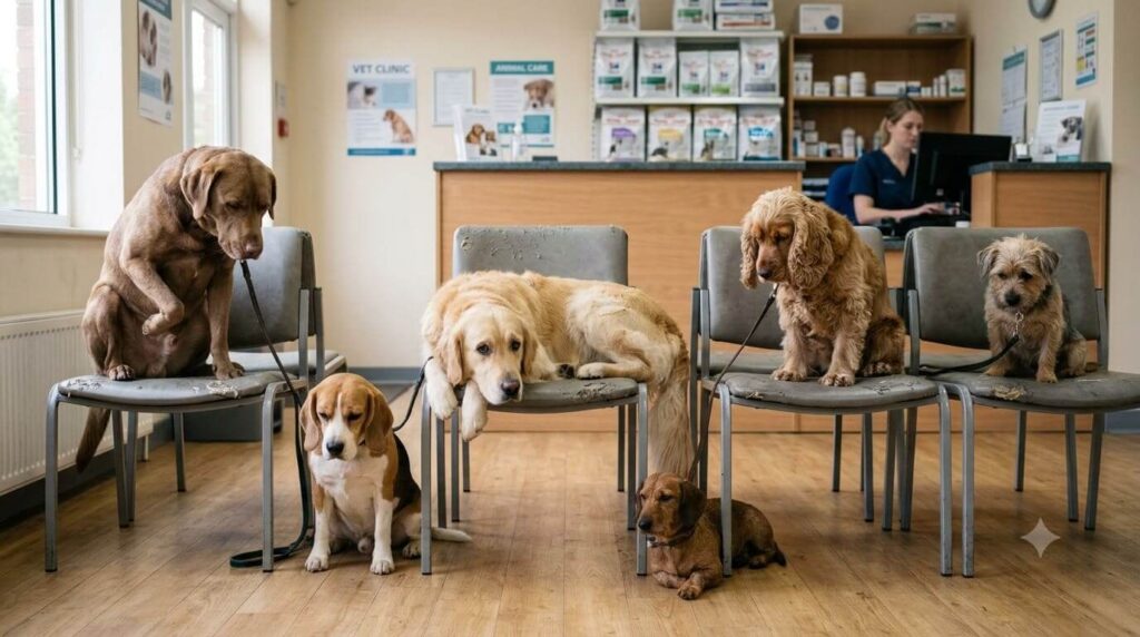 Mehrere kranke Hunde warten traurig im Wartezimmer einer Tierarztpraxis