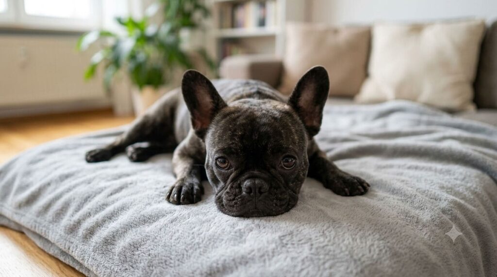 Hund liegt mit Bauchschmerzen und Darm-Problemen müde auf der Couch