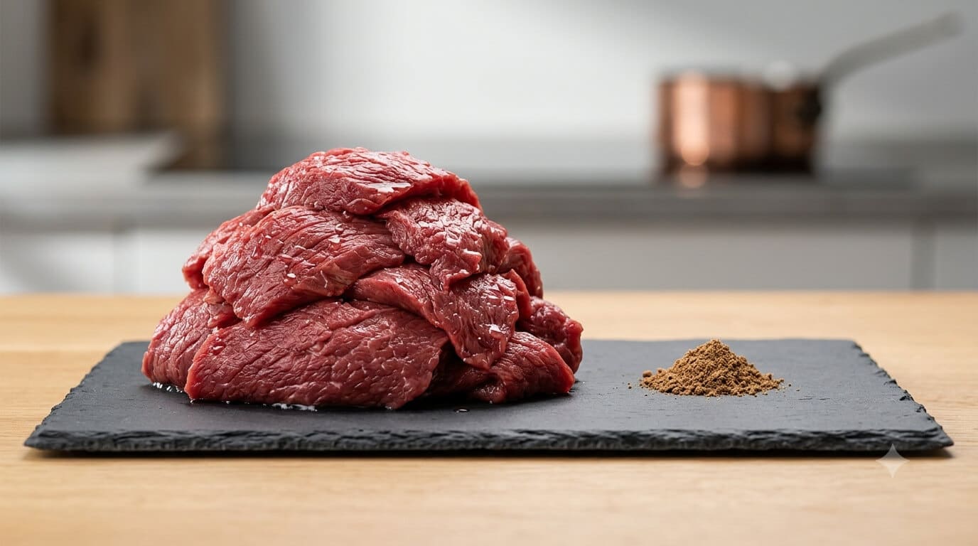 Großer Berg Fleisch neben einem kleinen Haufen Trockenmasse zeigt das Mischungsverhältnis im Hundefutter