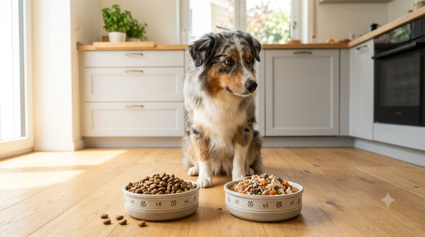 Hund sitzt unschlüssig vor einem Napf mit Trockenfutter und Nassfutter im ehrlichen Vergleich