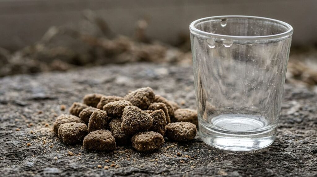 Einige Kroketten Trockenfutter neben einem leeren Glas Wasser als Symbol für Flüssigkeitsmangel nach dem FEDIAF Kodex
