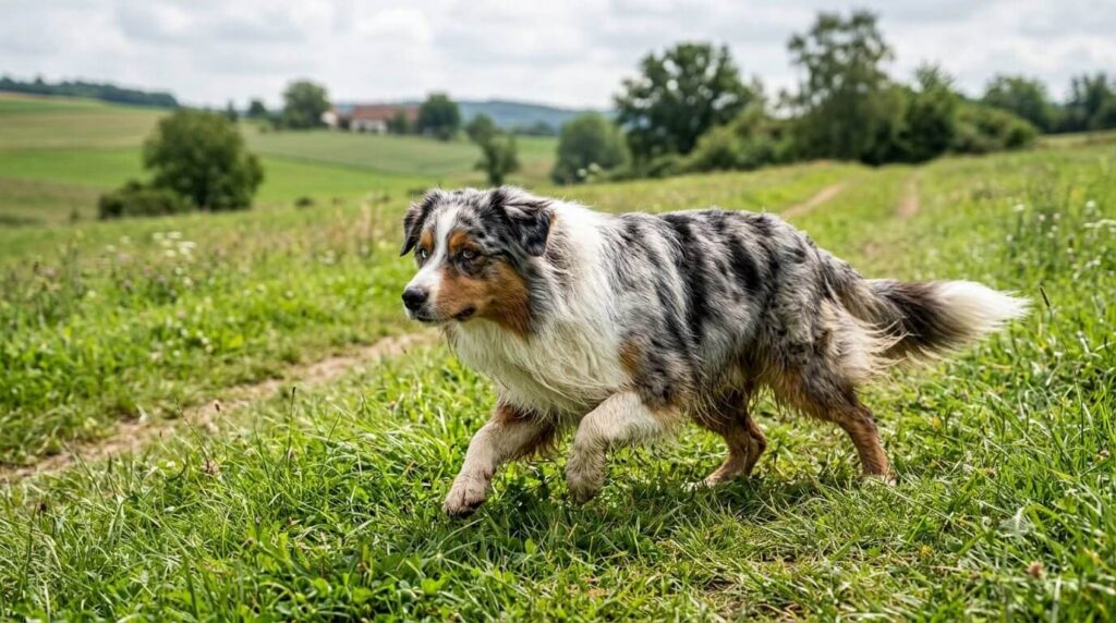 Australian Shepherd rennt voller Energie über eine Wiese als Symbol für den hohen Kalorienbedarf