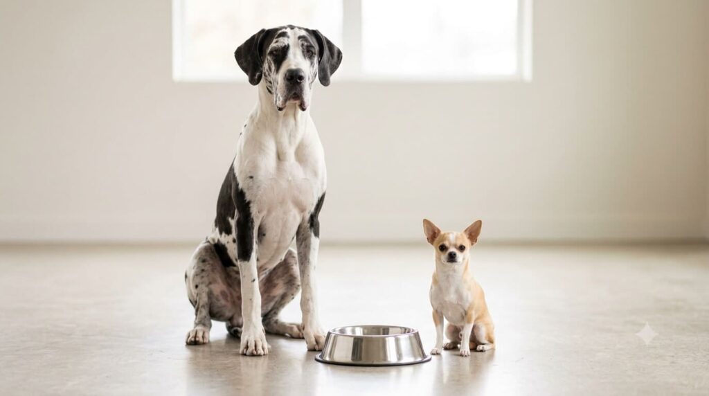 Deutsche Dogge und Chihuahua sitzen nebeneinander vor einem Napf als Symbol für Rasse-Unterschiede