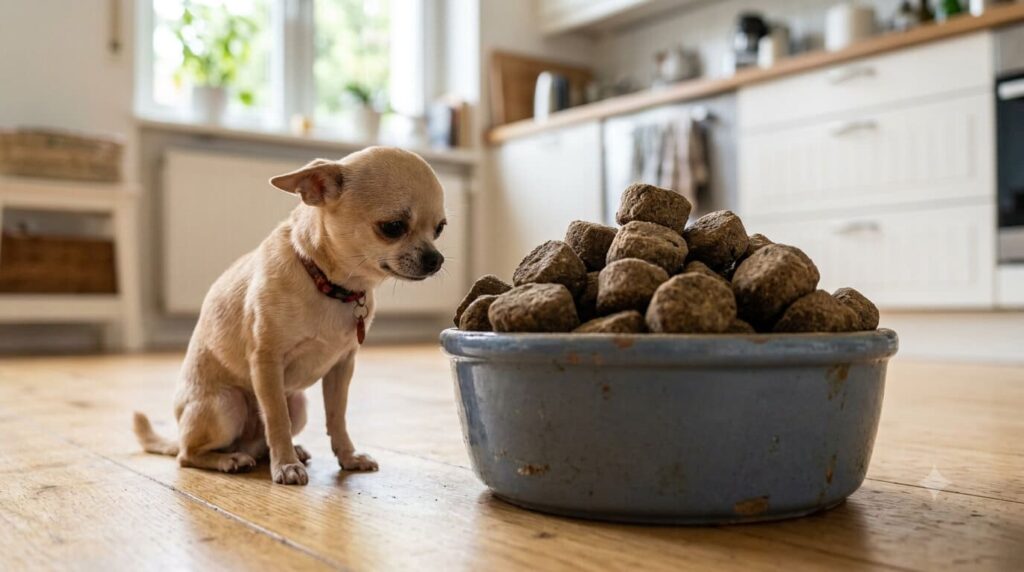 Chihuahua sitzt traurig neben einem riesigen Futternapf zur Veranschaulichung vom Kleiber-Gesetz