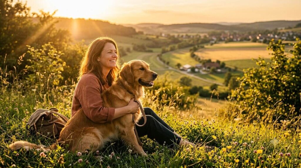 Lachende Hundehalterin sitzt mit ihrem gesunden glücklichen Hund auf einer Wiese nach dem PETinjo-Prinzip
