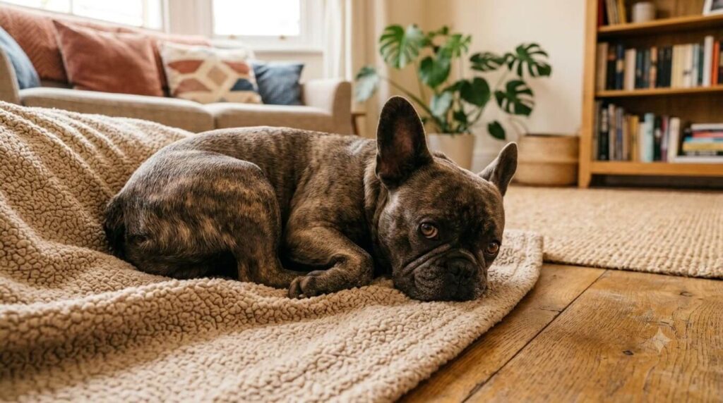 Französische Bulldogge liegt mit Blähungen und Bauchschmerzen wegen Brachyzephalie auf der Couch