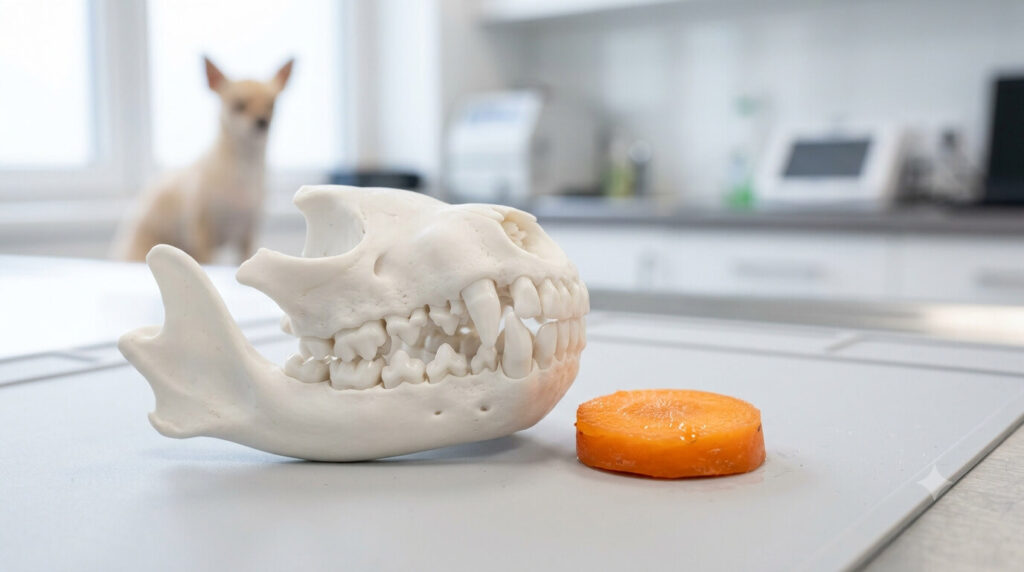 Das Gebiss eines Chihuahuas neben einer Karotte zeigt die Zahn-Enge im kleinen Kiefer