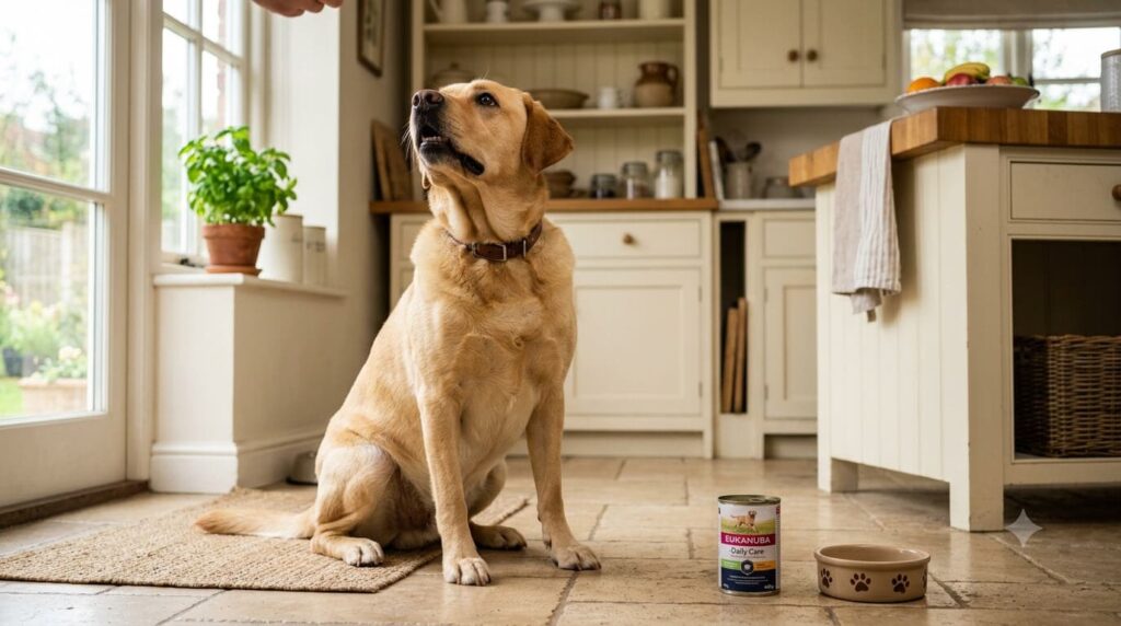 Hungriger Golden Retriever sitzt mit Dauerhunger vor einem leeren Napf wegen dem POMC-Gen