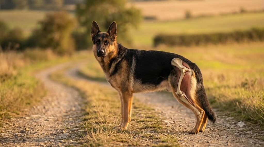 Schäferhund auf einem Feldweg mit sichtbarem Hüftgelenk als Symbol für Gelenkschmerzen und HD
