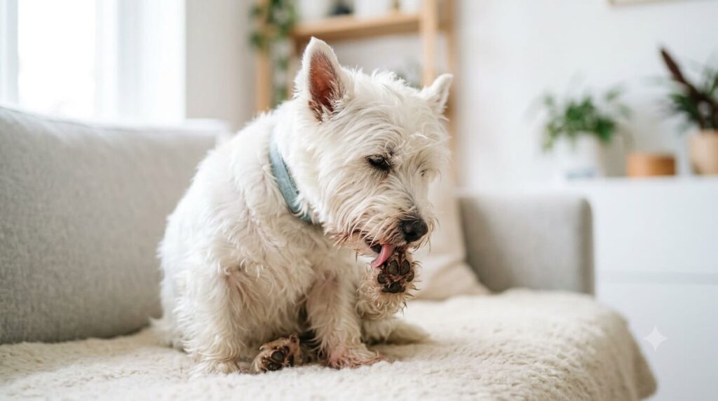 West Highland White Terrier leckt sich wegen Juckreiz und Hautproblemen auf der Couch die Pfoten