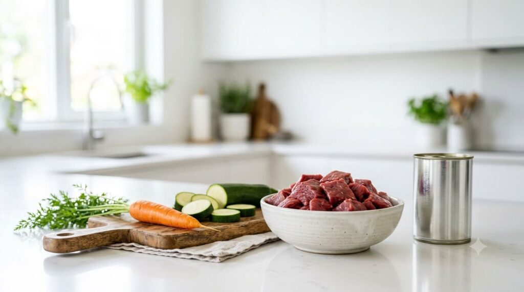 Frisches Fleisch und Gemüse neben einer Futterdose im Vergleich von Zusammensetzung und analytischen Bestandteilen