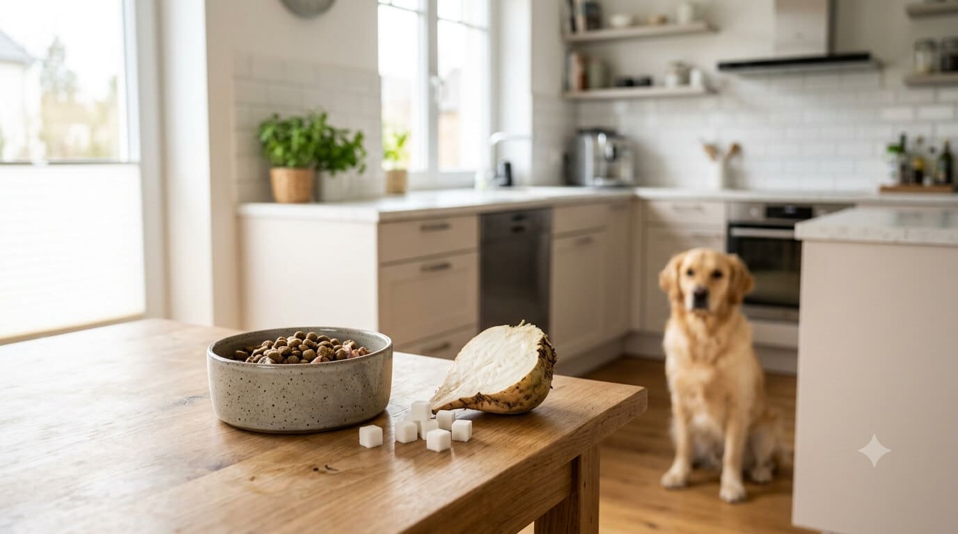 Hund blickt auf einen Napf mit verstecktem Zucker im Hundefutter als süßer Geschmacksträger