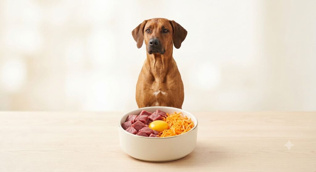 Hund sitzt vor einem Napf mit rohem Fleisch Ei und Gemüse bei der Keim-Debatte zur Rohfütterung