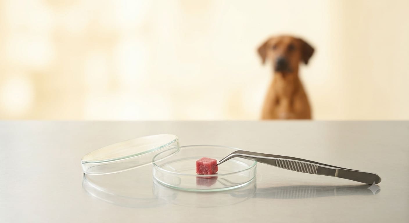 Hund vor einer Schale mit rohem Fleisch und einer Pinzette im Ratgeber über BARFEN