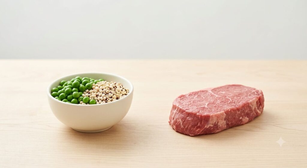 Schüssel mit Erbsen und Getreide neben rohem Fleisch im Vergleich der biologischen Wertigkeit im Hundefutter