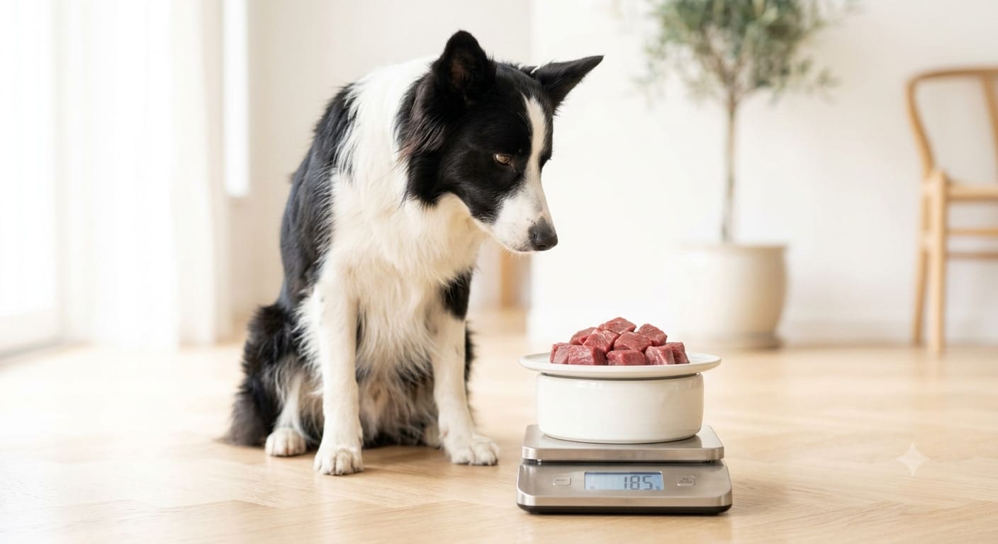 Hund sitzt vor einer Waage mit einem Fleisch-Futternapf zur Ermittlung vom biologischen Fleisch-Minimum