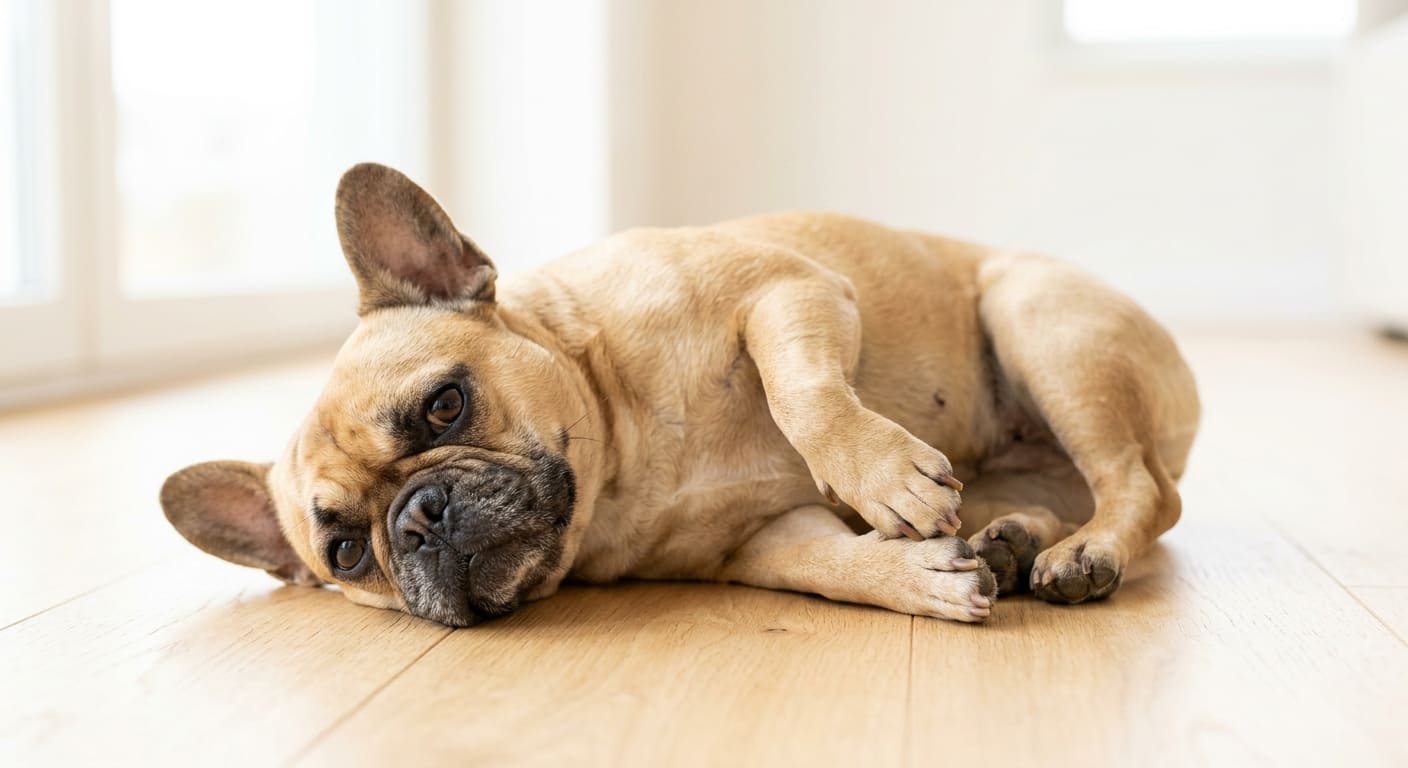 Traurige Französische Bulldogge leidet an Allergien und Blähungen durch falsches Futter