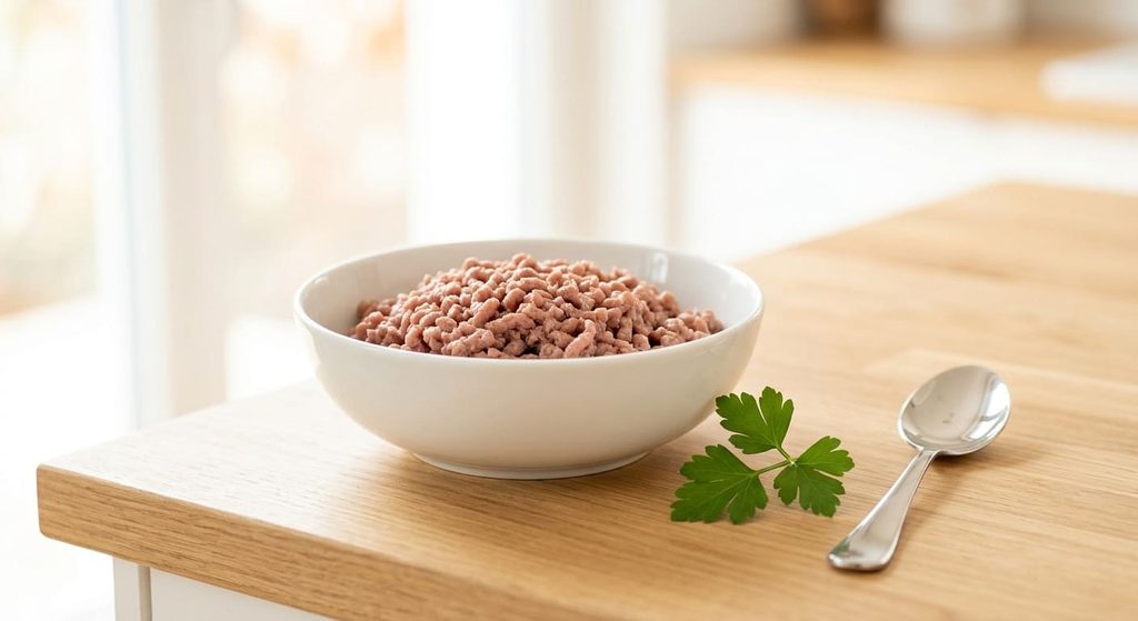 Frisches Monoprotein Fleisch in einer weißen Schale als hypoallergene Schonkost für die Französische Bulldogge