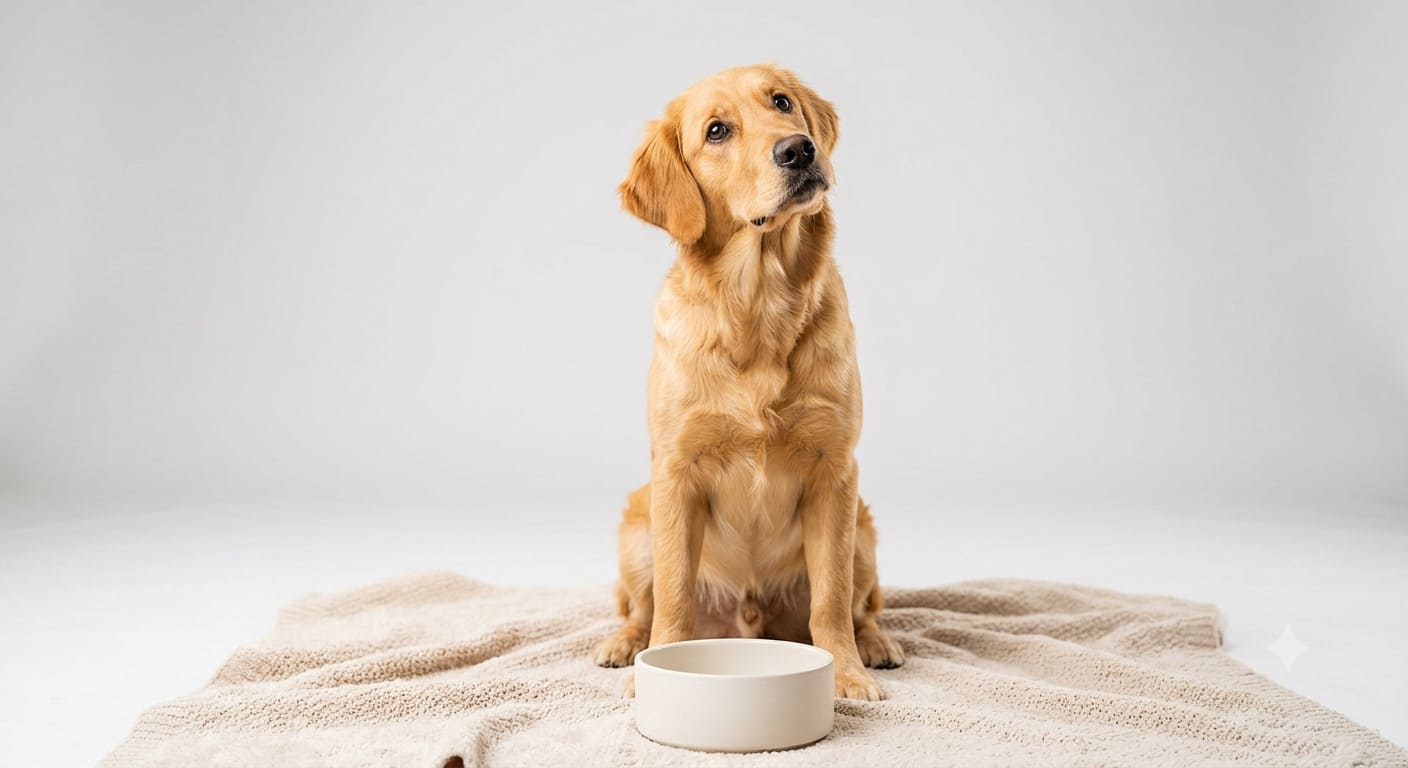 Vitaler Hund sitzt vor einem leeren Futternapf im Ratgeber über häufigen Kotabsatz beim Hund