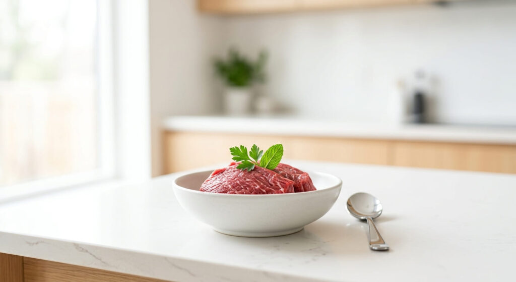 Frisches Monoprotein Fleisch mit Kräutern in einer Keramikschale als biologische Lösung gegen Mundgeruch beim Hund