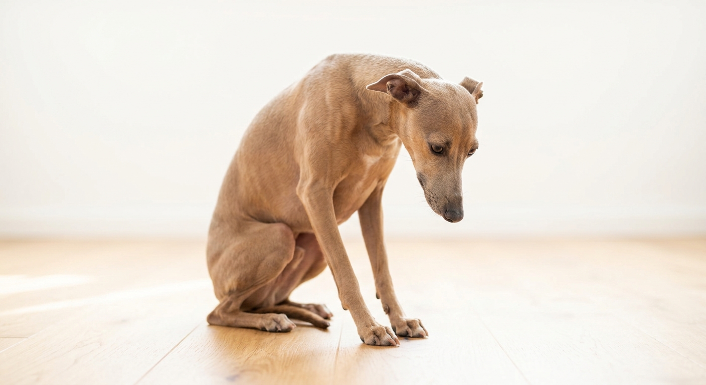 Trauriger Hund blickt zu Boden und leidet an akutem Erbrechen nach dem Fressen durch falsches Futter