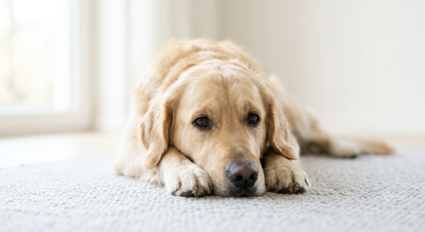 Erschöpfter antriebsloser Hund liegt traurig auf dem Boden bei Proteinmangel durch schlechtes Futter