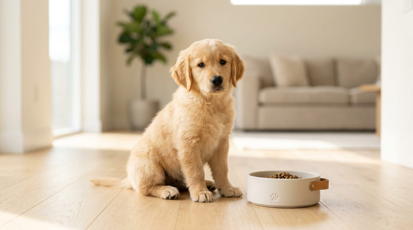 Ein kleiner Golden Retriever Welpe sitzt neben einem Futternapf auf hellem Holzboden.