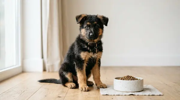 Ein gesunder Deutscher Schäferhund Welpe sitzt aufmerksam neben einem Futternapf im hellen Studio.