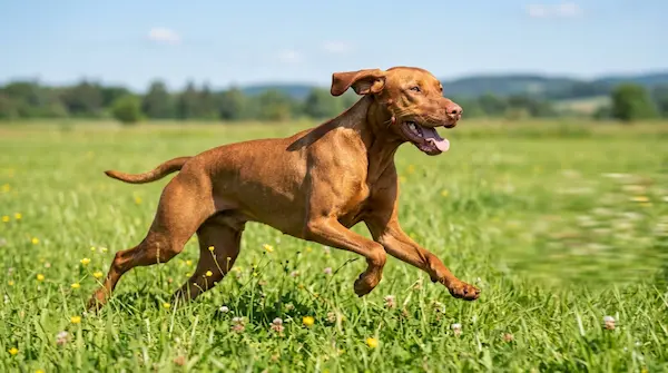 Ein fitter, schlanker Hund läuft dynamisch über eine grüne Wiese und symbolisiert Vitalität.