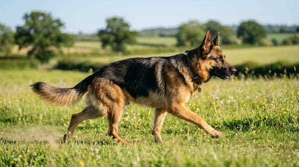 Ein kraftvoller, athletischer Deutscher Schäferhund läuft dynamisch über eine grüne Wiese.