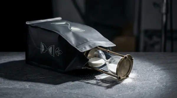 Eine Sanduhr kommt aus einem Hundefuttersack und symbolisiert die unnatürlich lange Haltbarkeit durch künstliche Konservierungsstoffe.