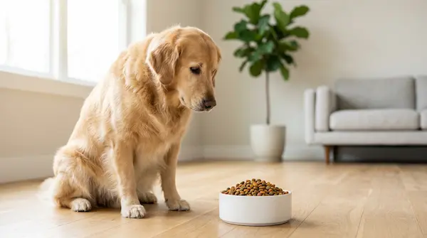 Ein übergewichtiger Golden Retriever Hund sitzt neben einem vollen Futternapf auf hellem Boden